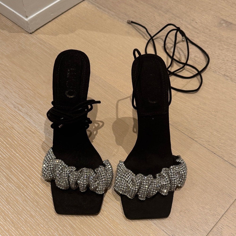 Elegant Black and Rhinestone Silver Stilettos, Size 8 (UK 6)
